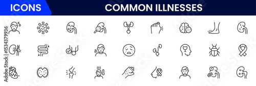 Common Illnesses line icons set. Common Illnesses outline icons with editable stroke collection. These Includes Breast Cancer, Depression, Brain Tumor, Allergy, Diabetes, and More.