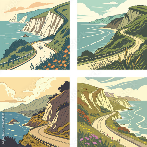 A beautiful coastal road with cliffs and ocean views.