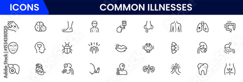 Common Illnesses line icons set. Common Illnesses outline icons with editable stroke collection. These Includes Breast Cancer, Depression, Brain Tumor, Allergy, Diabetes, and More.