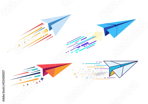 Flying paper plane illustration with motion lines and sparkle trail, symbolizing creative momentum and vision
