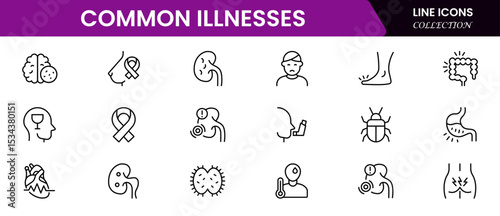 Common Illnesses line icons set. Common Illnesses outline icons with editable stroke collection. These Includes Breast Cancer, Depression, Brain Tumor, Allergy, Diabetes, and More.