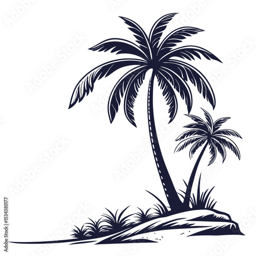 Tropical island beach vector illustration with palm trees and a summer sunset silhouette