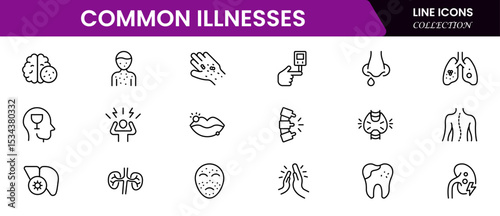 Common Illnesses line icons set. Common Illnesses outline icons with editable stroke collection. These Includes Breast Cancer, Depression, Brain Tumor, Allergy, Diabetes, and More.