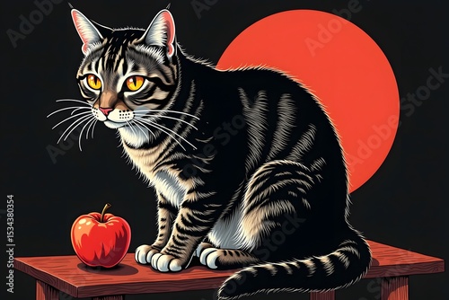 Tabby cat sitting on a table with an apple and red sun background  