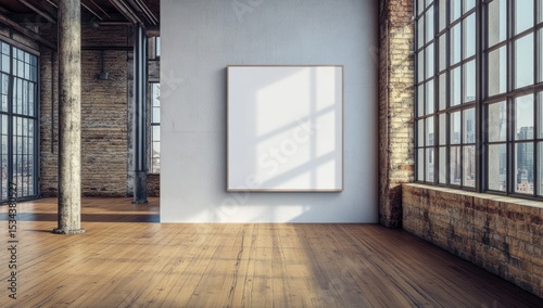 Empty loft space with large blank canvas