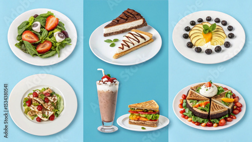 A diverse collection of healthy and gourmet food and drink icons, featuring salad, pizza, and fresh dishes for any meal