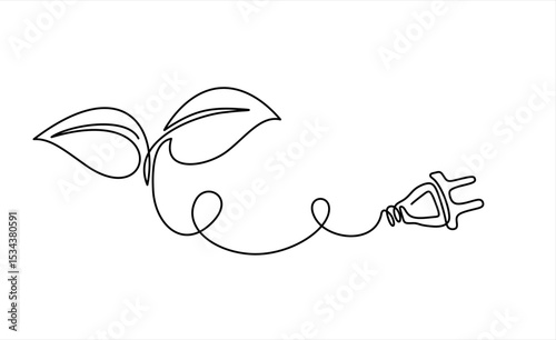 Electric plug and leaf in continuous one line drawing. Go green energy concept focusing on renewable power. Hand drawn one line vector. Editable stroke