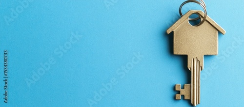 Golden house-shaped key on a light blue background