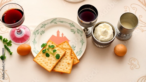 Passover side view table setting featuring a Seder plate, matzah, a cup of wine, and symbolic foods