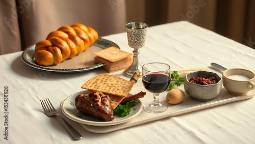 Passover side view table setting featuring a Seder plate, matzah, a cup of wine, and symbolic foods