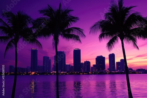Silhouetted city skyline at sunset with palm trees