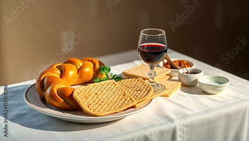 Passover side view table setting featuring a Seder plate, matzah, a cup of wine, and symbolic foods