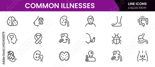 Common Illnesses line icons set. Common Illnesses outline icons with editable stroke collection. These Includes Breast Cancer, Depression, Brain Tumor, Allergy, Diabetes, and More.