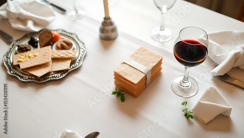 Passover side view table setting featuring a Seder plate, matzah, a cup of wine, and symbolic foods