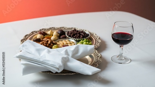 Passover side view table setting featuring a Seder plate, matzah, a cup of wine, and symbolic foods