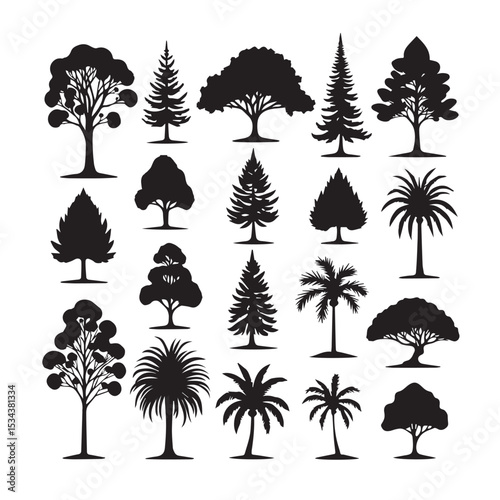 Collection of twenty diverse tree silhouettes