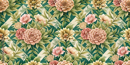 Elegant floral pattern featuring vibrant peonies and soft blooms on a teal background.