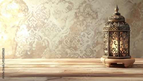 Ornate lantern on wooden table against patterned backdrop