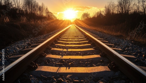Railroad tracks stretching into a golden sunset