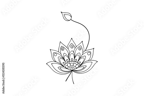 Elegant line art drawing of a lotus flower blossom with simple and delicate details
