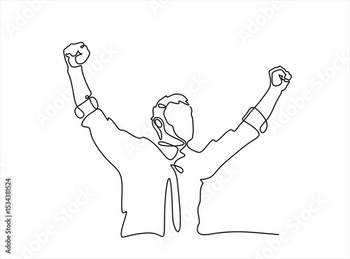 Continuous line drawing of happy businessman raising hands. Happy cheering young man. Concept of Business Success. Single line drawing vector design. Hand drawn one line vector. Editable stroke
