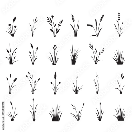 Collection of twenty four black silhouette grass and plant icons