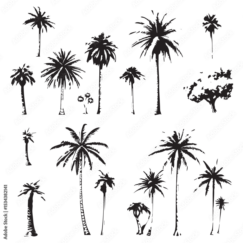 Fototapeta premium Collection of black and white palm tree silhouettes