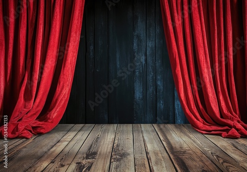 Red stage curtains on wooden floor