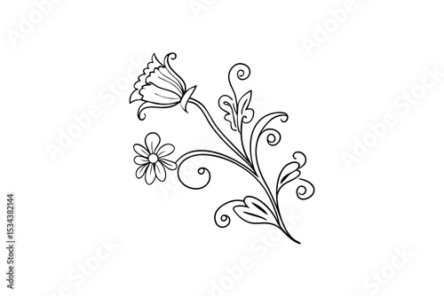 Elegant black and white floral branch with delicate flowers and ornate swirls for design
