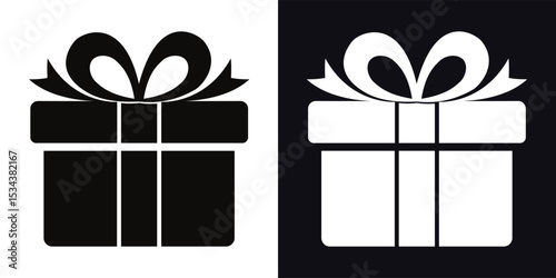 Black and white gift box icons with a ribbon and bow, representing presents, celebrations, and special surprises for various occasions