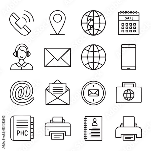 "Communication and Office Line Icons Set – Email, Phone, Calendar, Support, Internet, Printer"