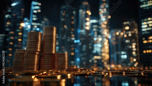 Stacks of golden coins against a blurred night city skyline