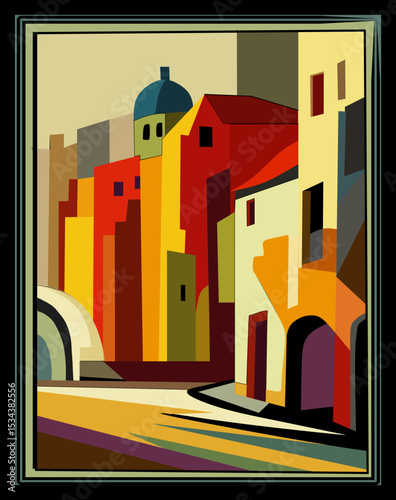 abstract cityscape with tall buildings and a dome structure in the background. Bold lines and contrasting hues create a dynamic and vibrant composition.