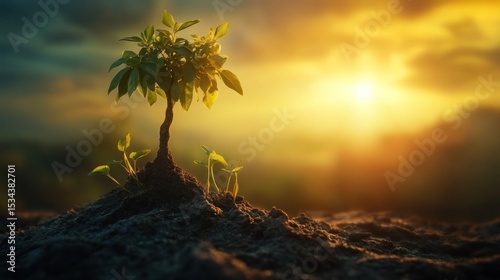 Small sapling growing from soil at sunset.