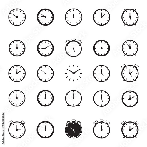 Collection of black and white clock and stopwatch icons