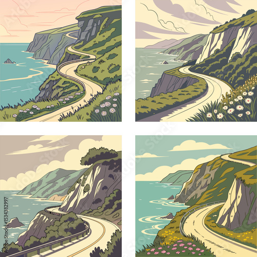 A beautiful coastal road with cliffs and ocean views.