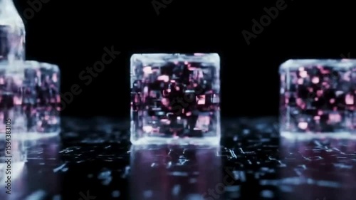 Isolated crystal clear ice cubes with refreshing blue reflection in cold transparent water