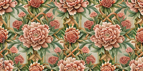 Floral pattern featuring soft peach and green hues with intricate detailing.