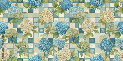 A vibrant floral pattern featuring blue and white hydrangeas on a patchwork background.