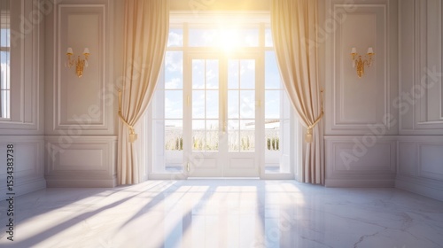 Luxurious, sun-drenched, elegant interior with large windows, showcasing a spacious, opulent room with marble flooring, paneled walls, and golden accents.