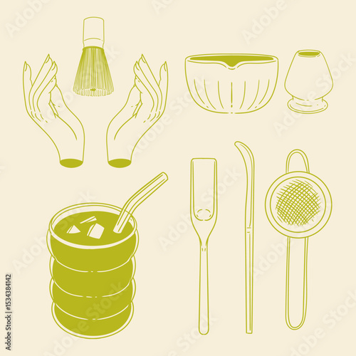 Matcha tea illustration set. Original hand-drawn green tea illustrations featuring matcha brewing utensils, a bamboo matcha whisk, and a Japanese matcha green tea brewing brush for posters, cards, caf