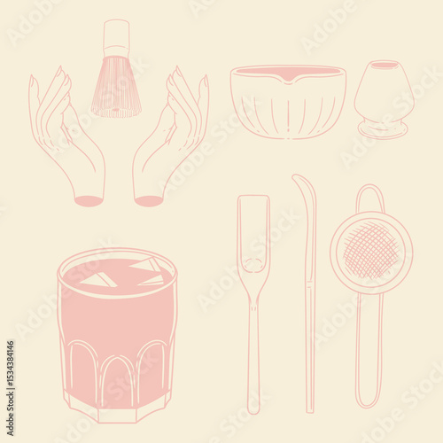 Matcha tea illustration set. Original hand-drawn green tea illustrations featuring matcha brewing utensils, a bamboo matcha whisk, and a Japanese matcha green tea brewing brush for posters, cards, caf