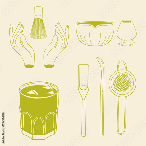 Matcha tea illustration set. Original hand-drawn green tea illustrations featuring matcha brewing utensils, a bamboo matcha whisk, and a Japanese matcha green tea brewing brush for posters, cards, caf