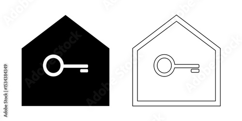 Black and white house icons with key symbol and outline design. Security, real estate, and buying/selling house concept.