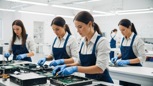 Workers dismantling electronics for salvaging reusable parts.