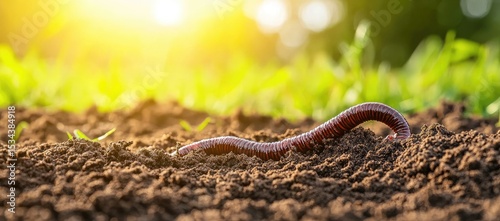 Earthworm in rich soil. Sunlight filters through the greenery