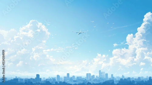 Airplane flying over a city skyline on a bright, sunny day with fluffy clouds.