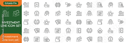 Investment thin line icons set. Investment, Investor, Asset, Profit, Portfolio, Fund, Dividend editable stroke icon set