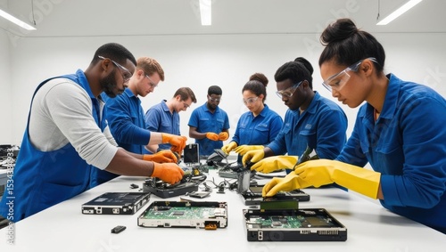 Workers dismantling electronic devices to recycle parts for reuse.