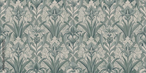 Elegant floral wallpaper design featuring intricate green and cream patterns.